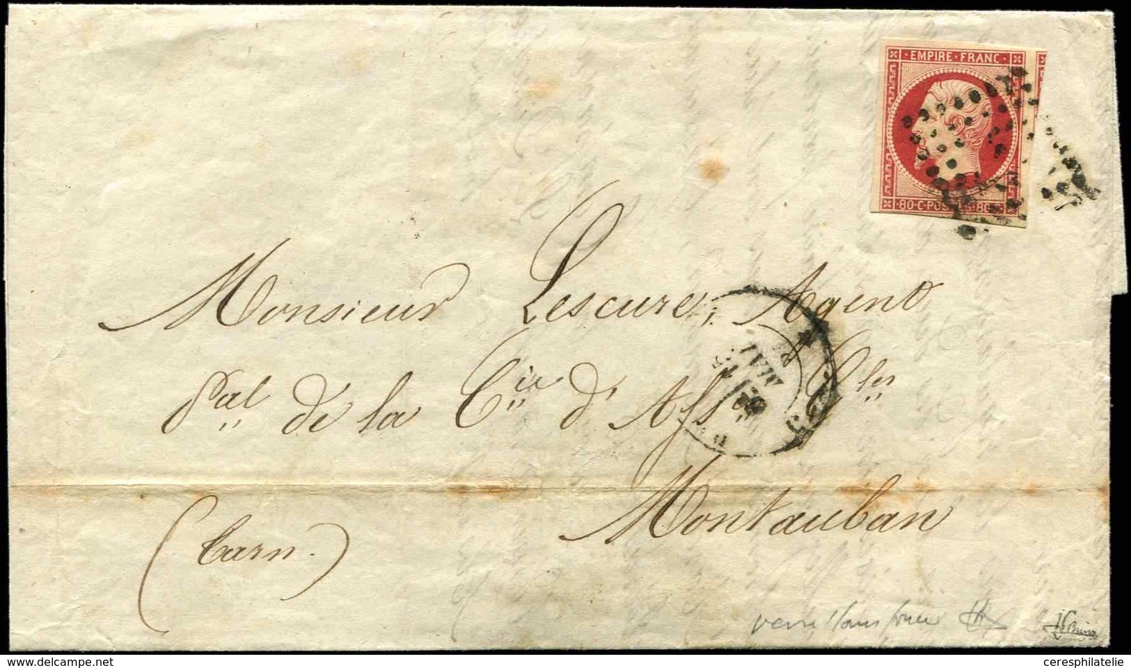 Let EMPIRE NON DENTELE - 17Ar  80c. VERMILLONNE FONCE, Nuance Certifiée JF Brun, Obl. Los. S. LAC De Paris à Montauban 5 - 1853-1860 Napoléon III