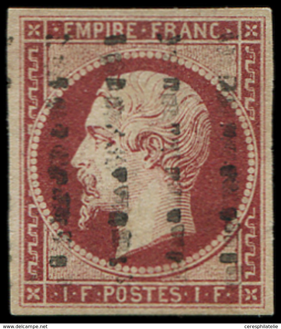 EMPIRE NON DENTELE - 18    1f. Carmin, Obl. GROS POINTS, Petite Fente Recollée Mais Très Plaisant D'aspect - 1853-1860 Napoleon III