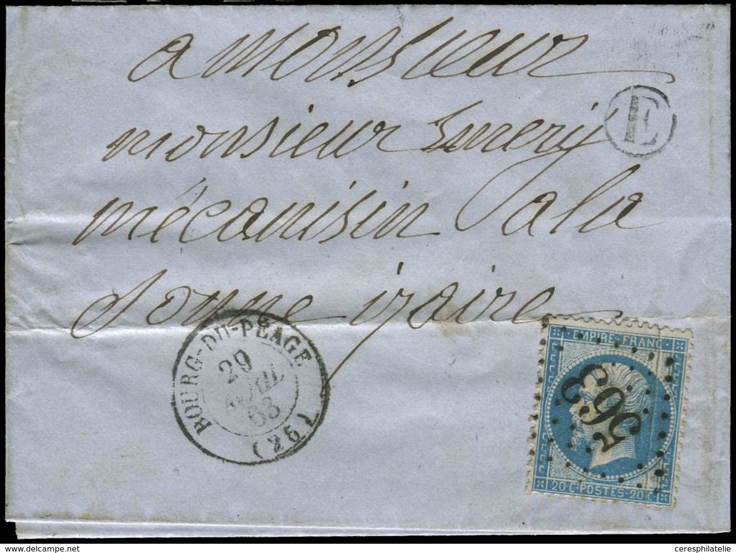 Let EMPIRE DENTELE - 22   20c. Bleu PLI ACCORDEON, Obl. GC 563 S. LAC, Càd T15 BOURG De PEAGE 29/4/63 Et Boite E, TB - 1862 Napoléon III.