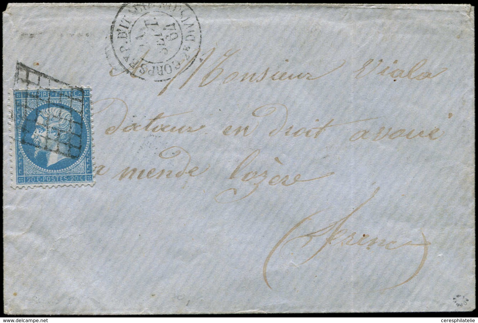 Let EMPIRE DENTELE - 22   20c. Bleu, Obl. GRILLE S. Env., Càd CORPS EXP. D'ITALIE 2e DIVISION 21/9/64, TB - 1862 Napoleon III