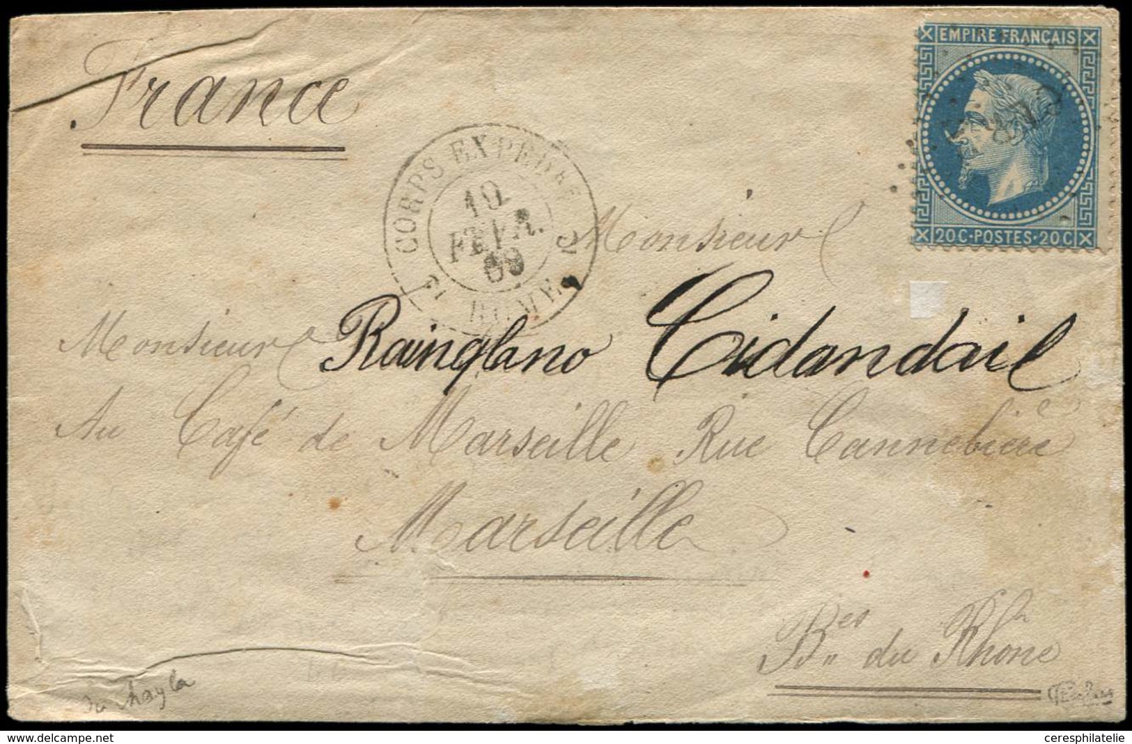 Let EMPIRE LAURE - 29Bd 20c. Bleu, T II, Variété A LA CORNE, Inf. Défaut En Angle, Obl. Los. CER 2 S. Env., Càd CORPS EX - 1863-1870 Napoleon III With Laurels