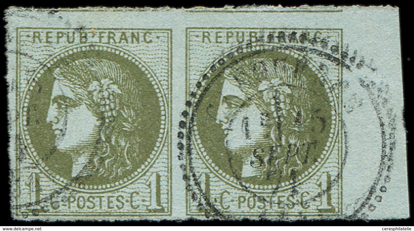 EMISSION DE BORDEAUX - 39B   1c. Olive, R II, PAIRE Bdf Obl. Càd Perlé T24 15/9/71, Inf. Pelurage S. 1 Ex. Mais Néanmoin - 1870 Ausgabe Bordeaux