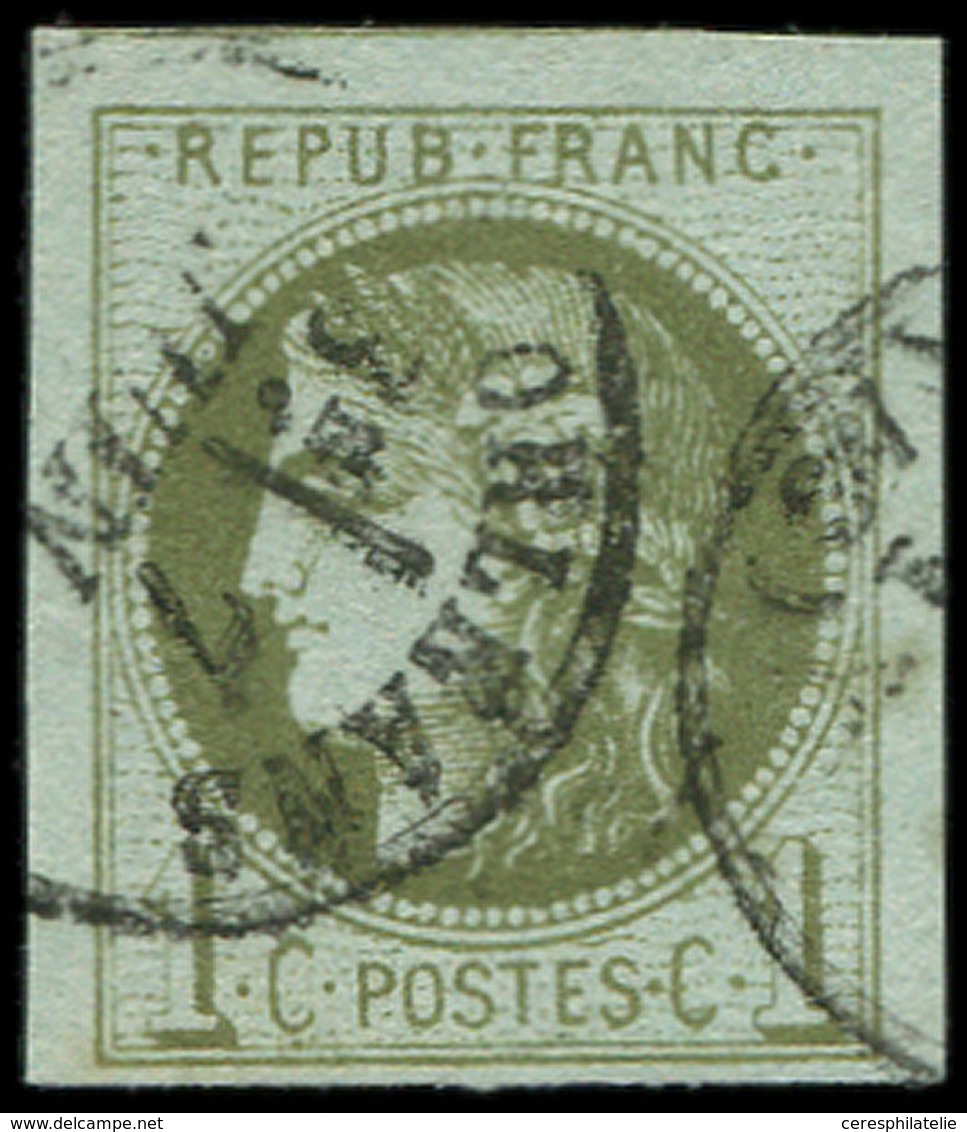 EMISSION DE BORDEAUX - 39C   1c. Olive, R III, Pos. 3, Obl. Càd T16, 3 Grandes Marges, Amorce De Voisin, TTB/Superbe - 1870 Bordeaux Printing