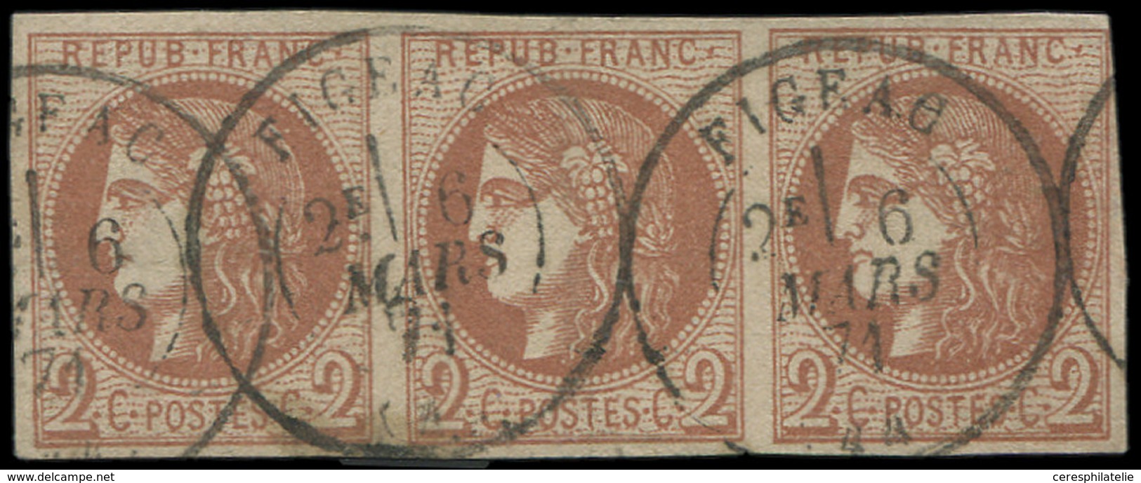 EMISSION DE BORDEAUX - 40B   2c. Brun-rouge, R II, BANDE De 3 Obl. Càd T17 FIGEAC 6/3/71, R Et TTB. Br - 1870 Ausgabe Bordeaux