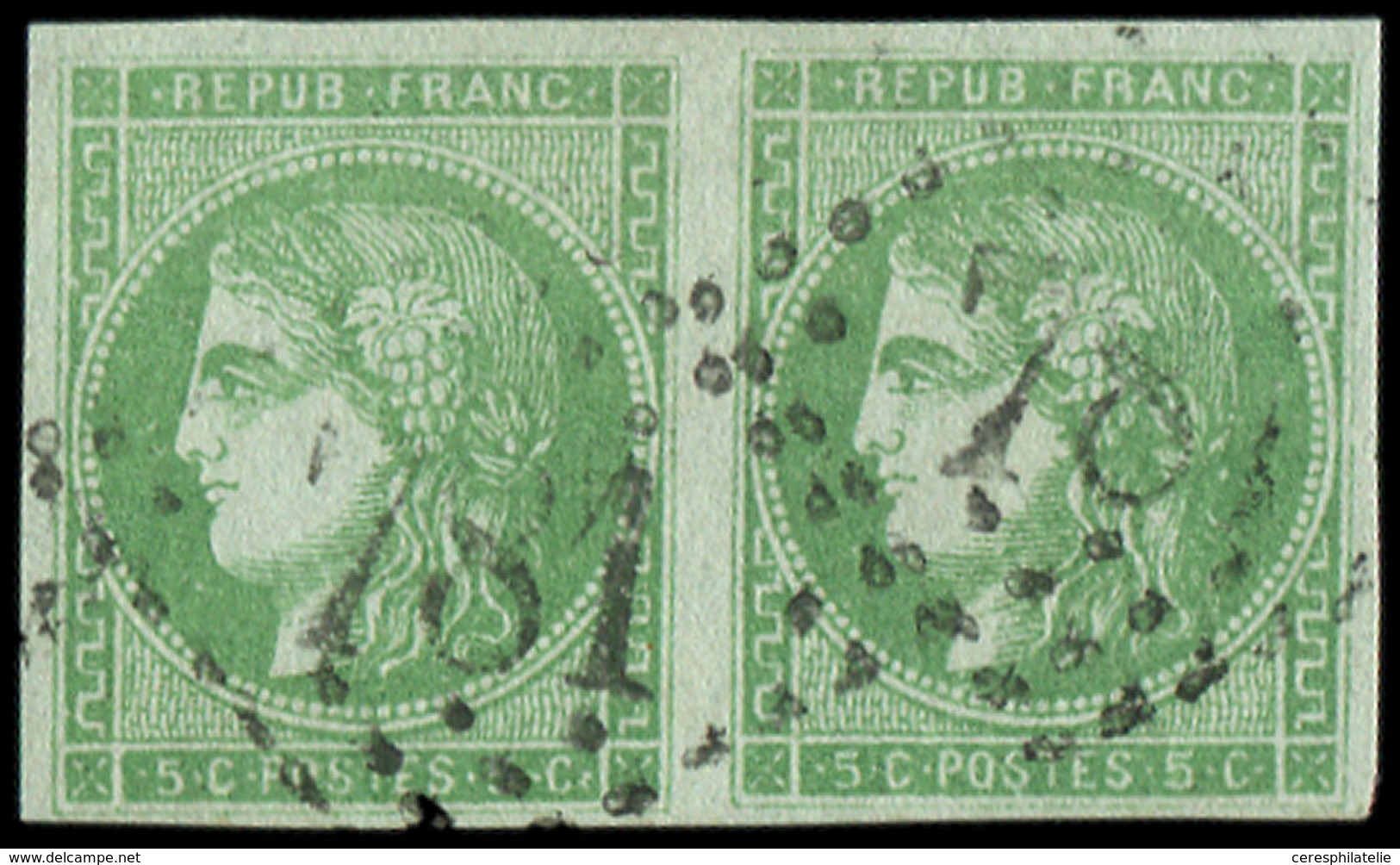 EMISSION DE BORDEAUX - 42B   5c. Vert-jaune, R II, 3ème état, PAIRE Obl. GC 781, TB - 1870 Emission De Bordeaux