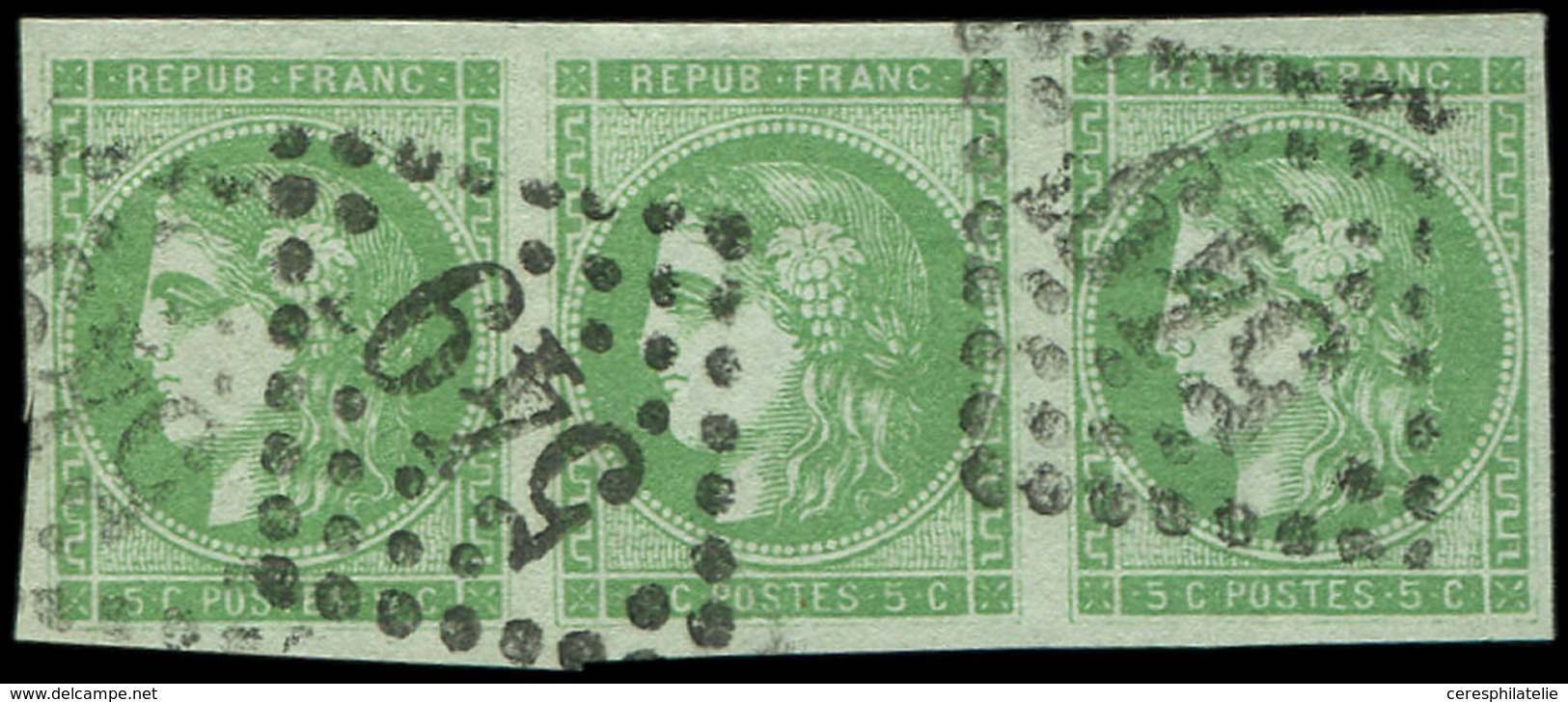 EMISSION DE BORDEAUX - 42B   5c. Vert-jaune, R II, 3ème état, BANDE De 3 Obl. GC 549, TTB - 1870 Bordeaux Printing