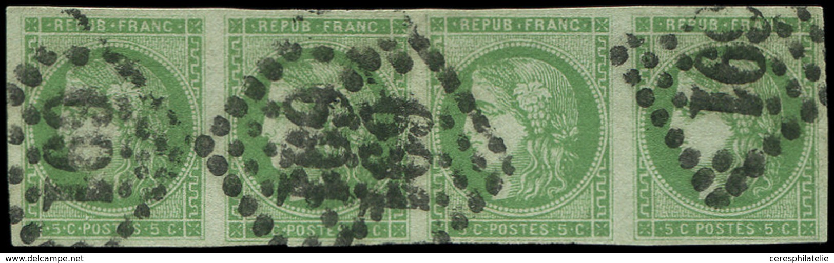 EMISSION DE BORDEAUX - 42B   5c. Vert-jaune, R II, BANDE De 4 Obl. GC 691, TB. C - 1870 Emission De Bordeaux