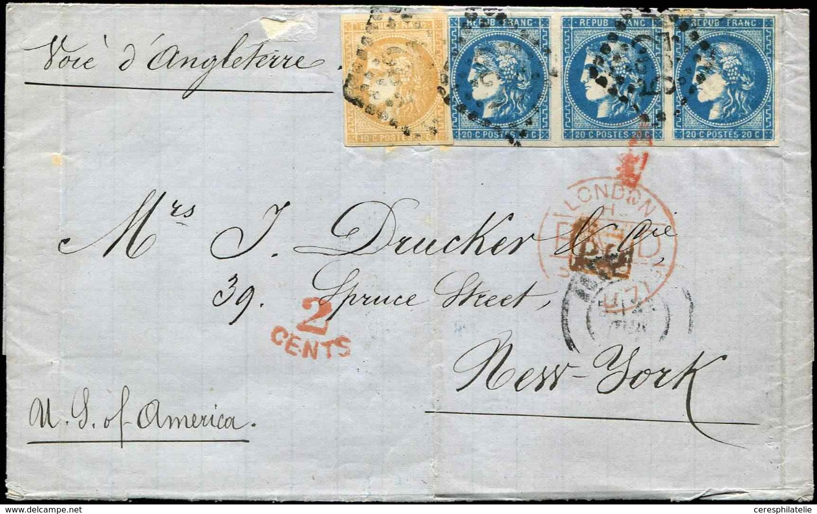 Let EMISSION DE BORDEAUX - 43B  10c. Bistre R II + N°46B T III R II BANDE De 3, Tous Obl. GC 532 De Bordeaux S. LSC Pour - 1870 Ausgabe Bordeaux