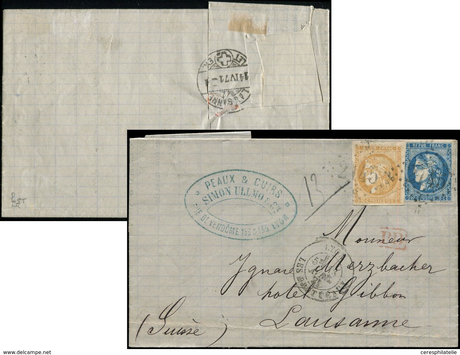 Let EMISSION DE BORDEAUX - 43B Et 46B, 10c. Bistre R II Et 20c. Bleu T III R II, Obl. GC 2145 S. LAC, Càd LYON LES TERRE - 1870 Ausgabe Bordeaux