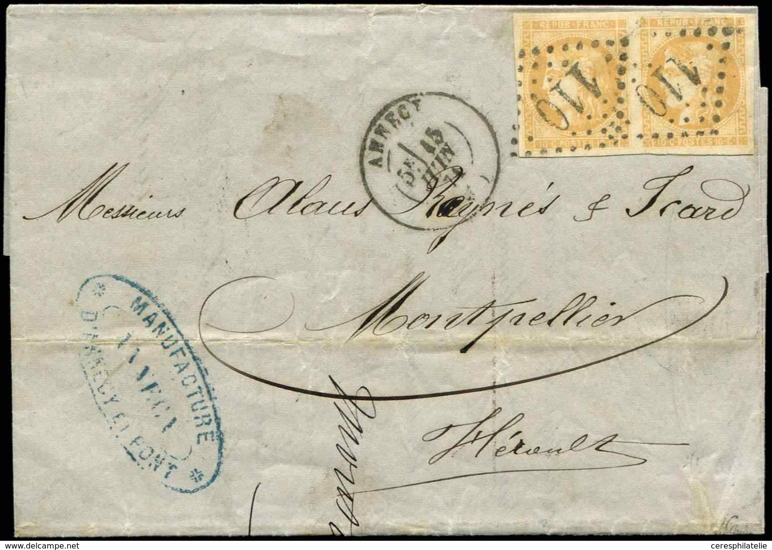 Let EMISSION DE BORDEAUX - 43Bc 10c. CITRON, R II, PAIRE Obl. GC  S. LAC, Càd T17 ANNECY 15/6/71, TTB, Certif JF Brun - 1870 Ausgabe Bordeaux