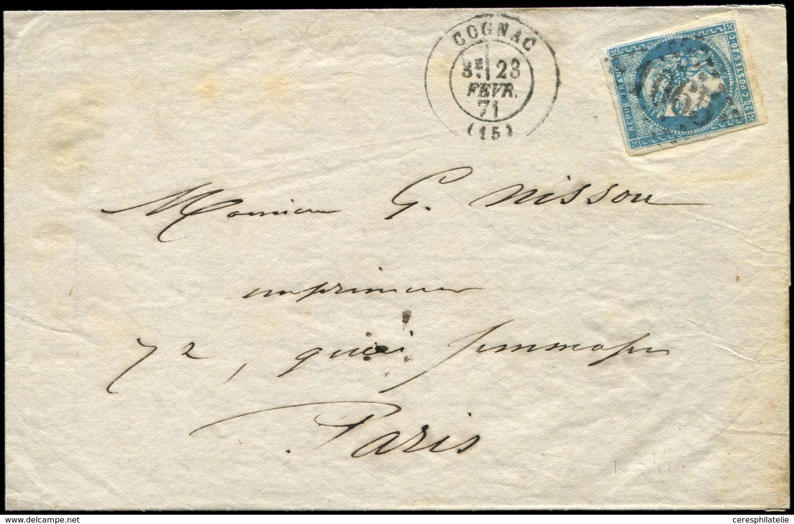 Let EMISSION DE BORDEAUX - 44A  20c. Bleu, T I, R I, Obl. GC 1065 S. LAC, Càd T17 COGNAC 23/2/71, TB - 1870 Emission De Bordeaux