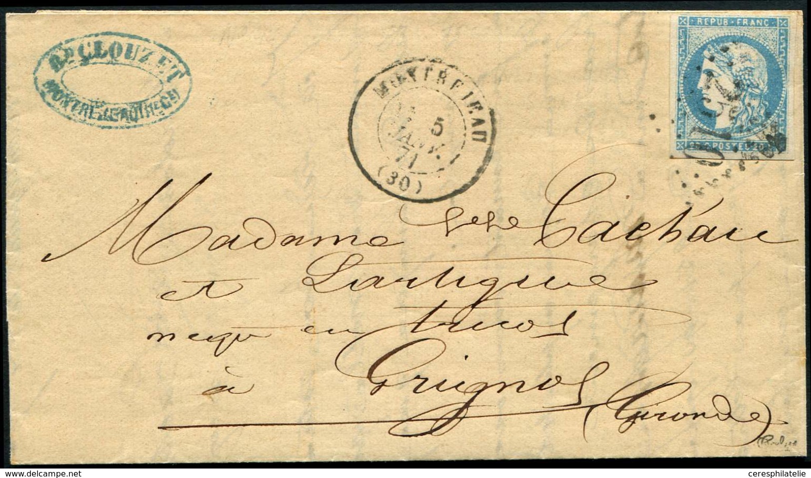 Let EMISSION DE BORDEAUX - 44Ac 20c. Bleu Clair, T I, R I, Obl. GC 2510 S. LAC, Càd T17 MONTREJEAU 5/1/71, TB. C - 1870 Ausgabe Bordeaux