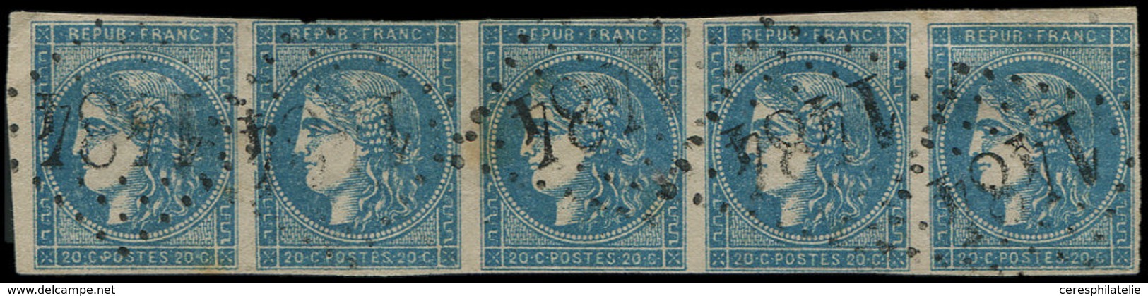 EMISSION DE BORDEAUX - 45C  20c. Bleu, T II R III, BANDE De 5 Obl. GC 1484, Filet Effleuré S. 2e T., RR En Bande, TB, Co - 1870 Bordeaux Printing