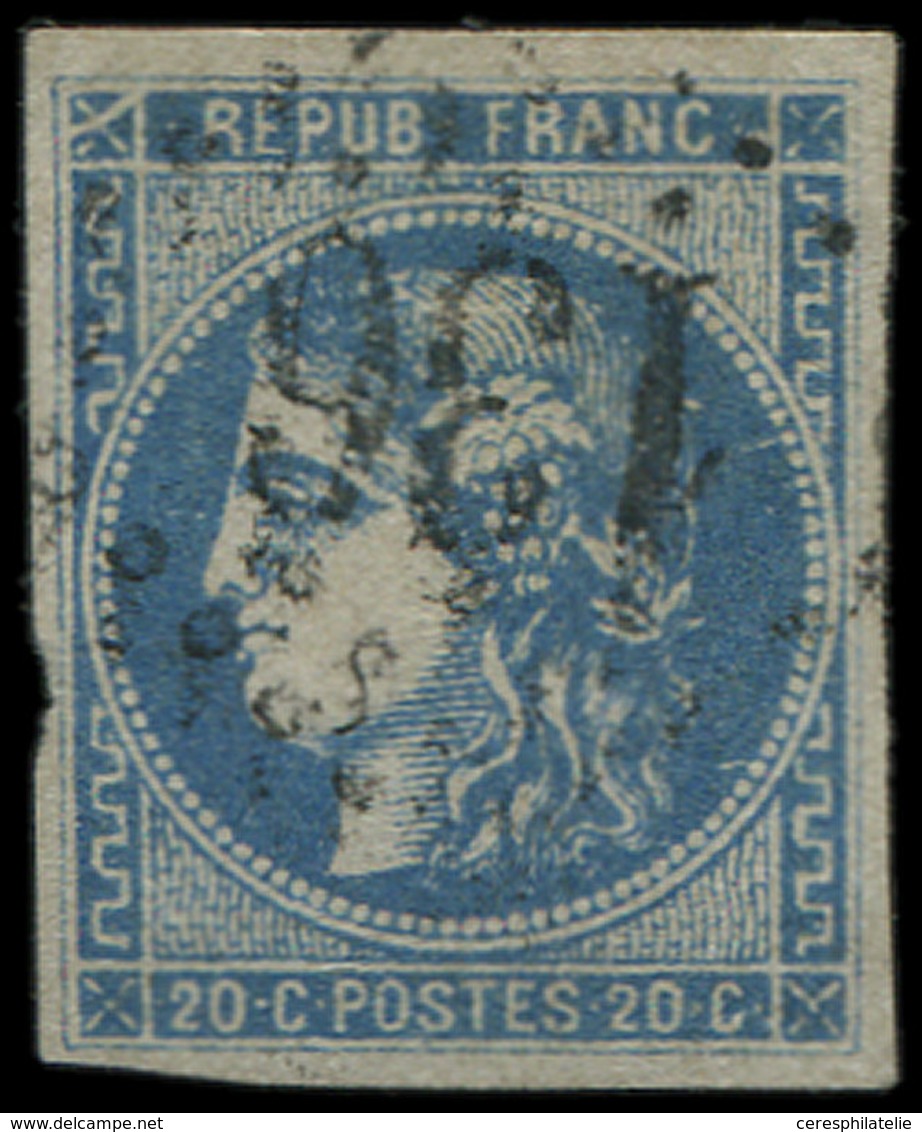 EMISSION DE BORDEAUX - 46Ad 20c. Bleu OUTREMER, T III, R I, Obl. GC 136, Variété D'impression Coin Supérieur Gauche, TB - 1870 Ausgabe Bordeaux