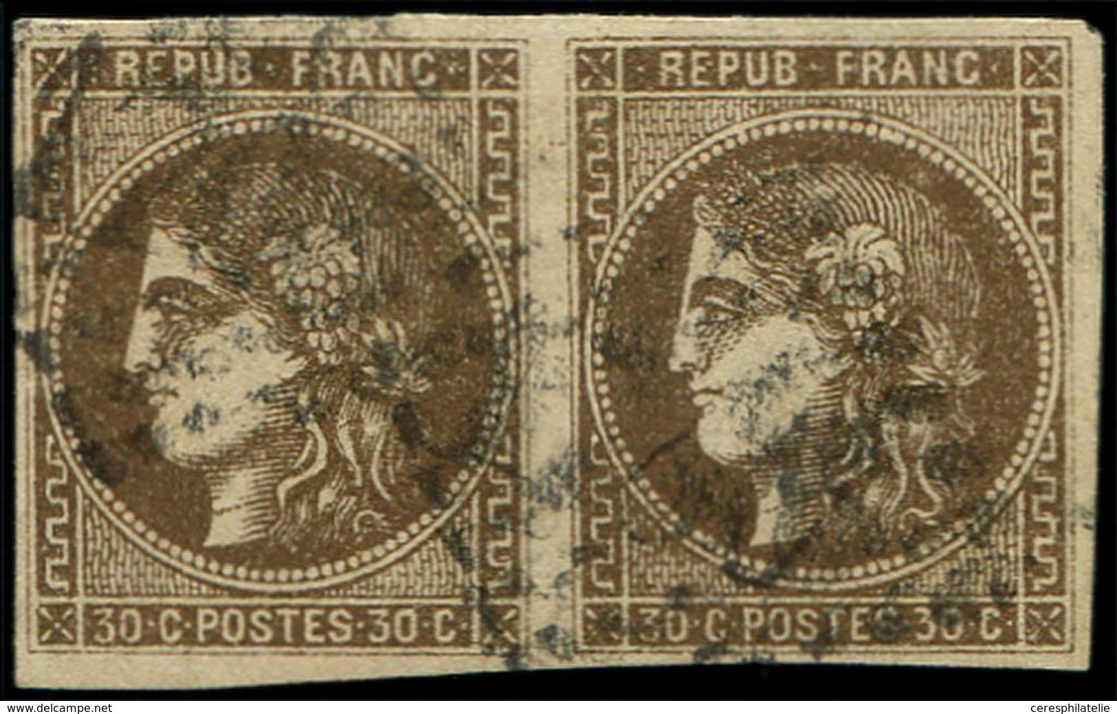 EMISSION DE BORDEAUX - 47   30c. Brun, PAIRE Oblitérée GC, TB. Br - 1870 Emission De Bordeaux