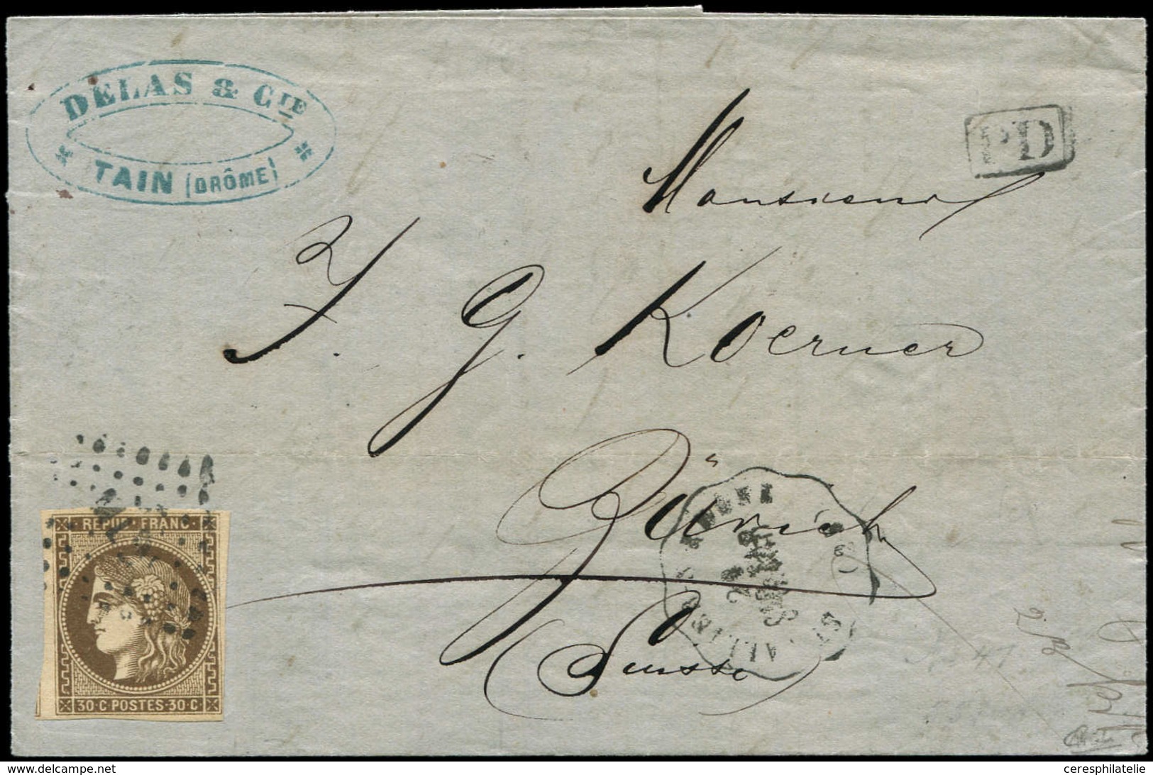 Let EMISSION DE BORDEAUX - 47   30c. Brun, Obl. Amb. ML2e S. LAC, Conv. ST VALLIER S RHONE St R. TAR, Arr. ZURICH 21/8/7 - 1870 Bordeaux Printing