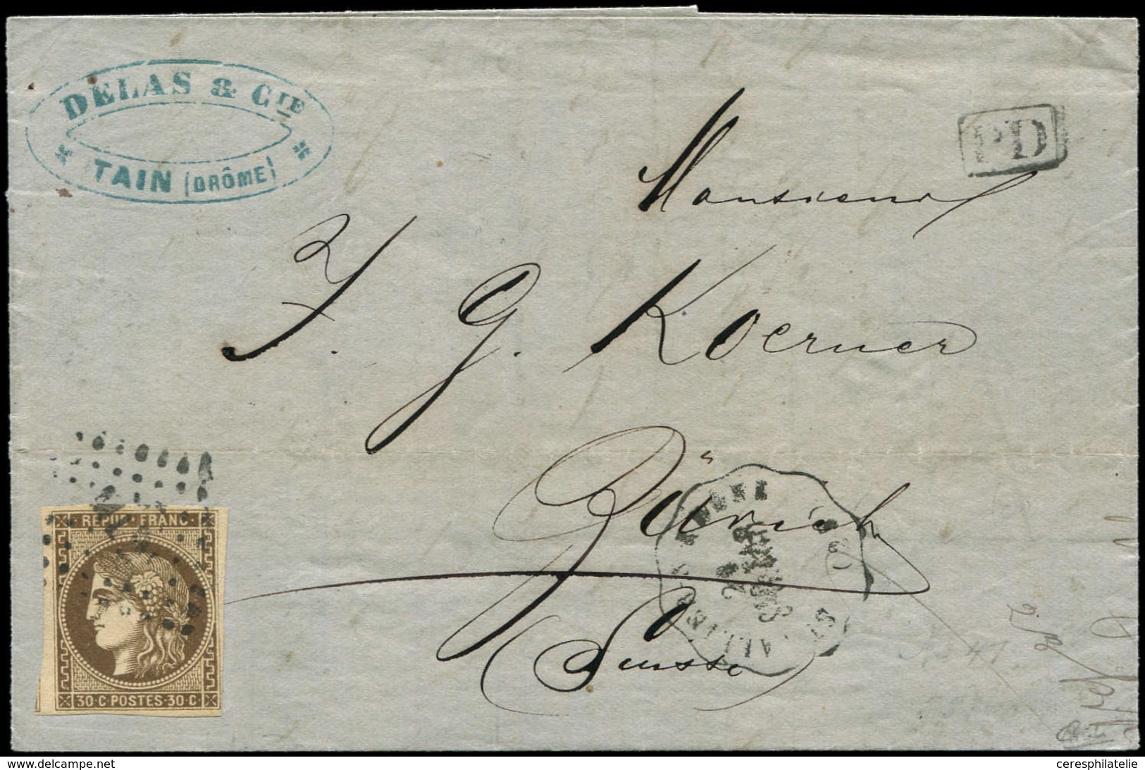 Let EMISSION DE BORDEAUX - 47   30c. Brun, Obl. Amb. ML2e S. LAC, Conv. ST VALLIER S RHONE St R. TAR, Arr. ZURICH 21/8/7 - 1870 Emission De Bordeaux