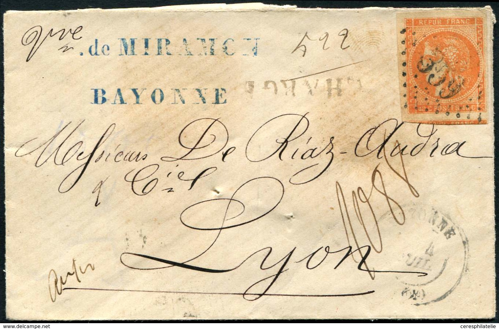 Let EMISSION DE BORDEAUX - 48   40c. Orange, Obl. GC 359 S. Env. CHARGE Descriptif Au Verso, Càd T17 BAYONNE 4/7/71, TB - 1870 Bordeaux Printing