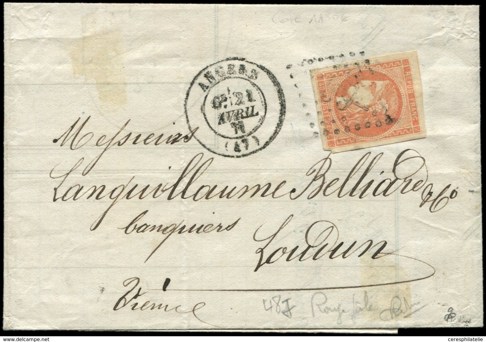 Let EMISSION DE BORDEAUX - 48f  40c. ROUGE PALE, Jolie Nuance Certifiée Calves, Obl. GC S. LAC, Càd T17 ANGERS 21/4/71,  - 1870 Emission De Bordeaux