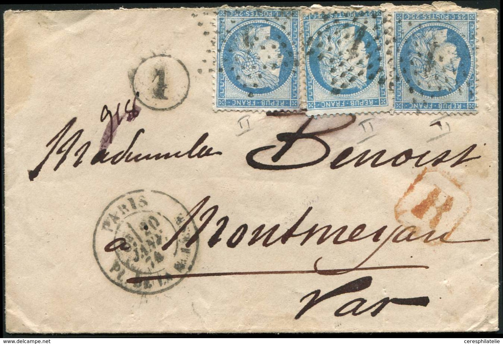 Let CERES DENTELE - 60B  25c. Bleu, T II, 3 Ex. (2 Nuances) Obl. Etoile 1 Pl. De La Bourse 20/1/74 S. Env. Rec., TB - 1871-1875 Ceres