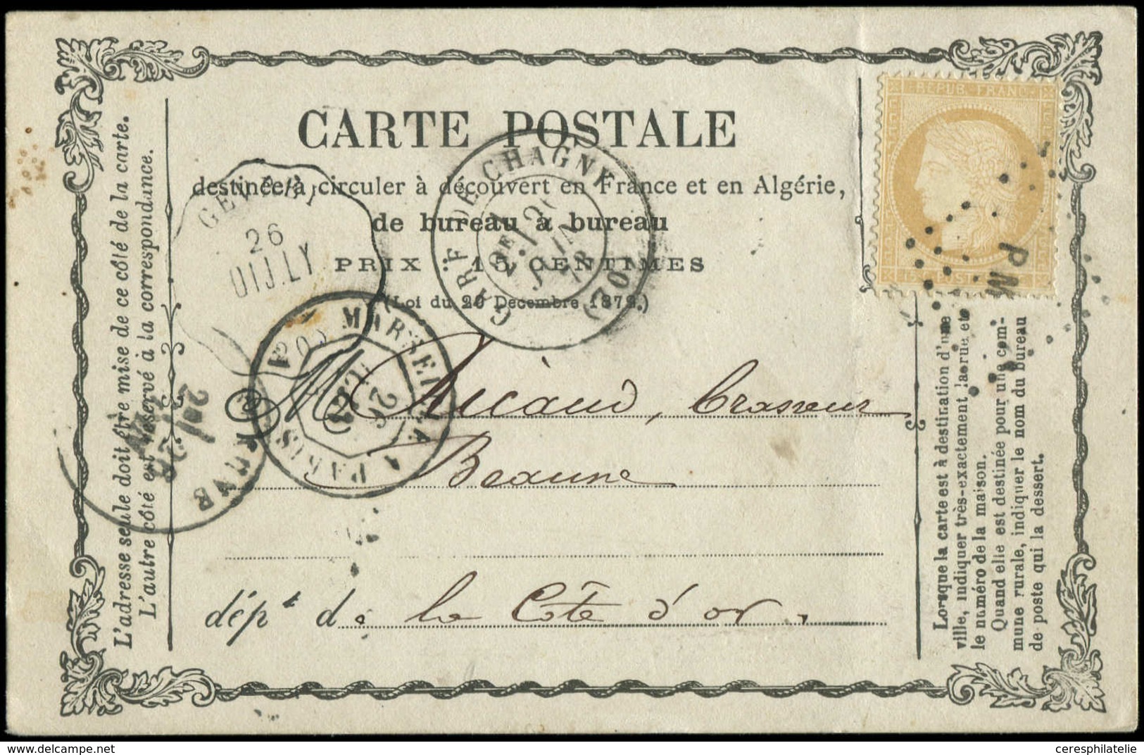 Let OBLITERATIONS PAR DEPARTEMENTS - 20/COTE D'OR N°59 Obl. Amb. PM Sur CP, Cachet Conv. St. GEVREY/DIJ.LY, Càd T15 GARE - 1849-1876: Classic Period