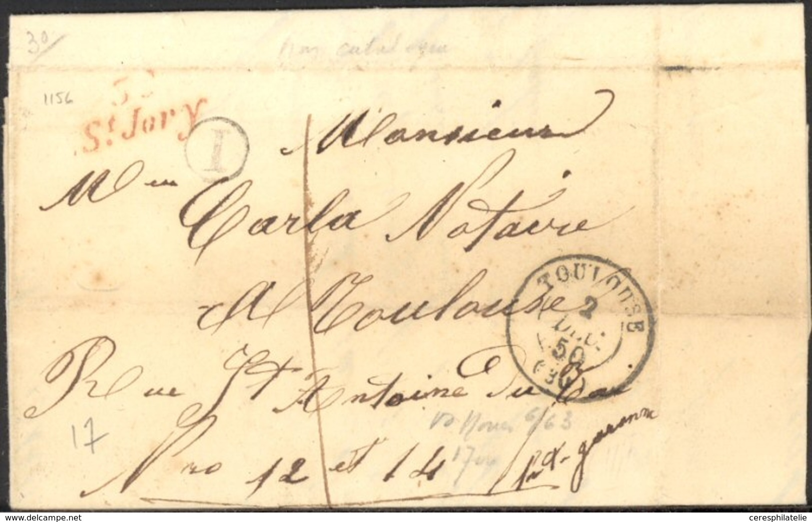 Let OBLITERATIONS PAR DEPARTEMENTS - 30/HAUTE GARONNE Cursive Rouge 30/ST JORY Sur LAC, Càd TOULOUSE 2/12/50, TB - 1849-1876: Classic Period