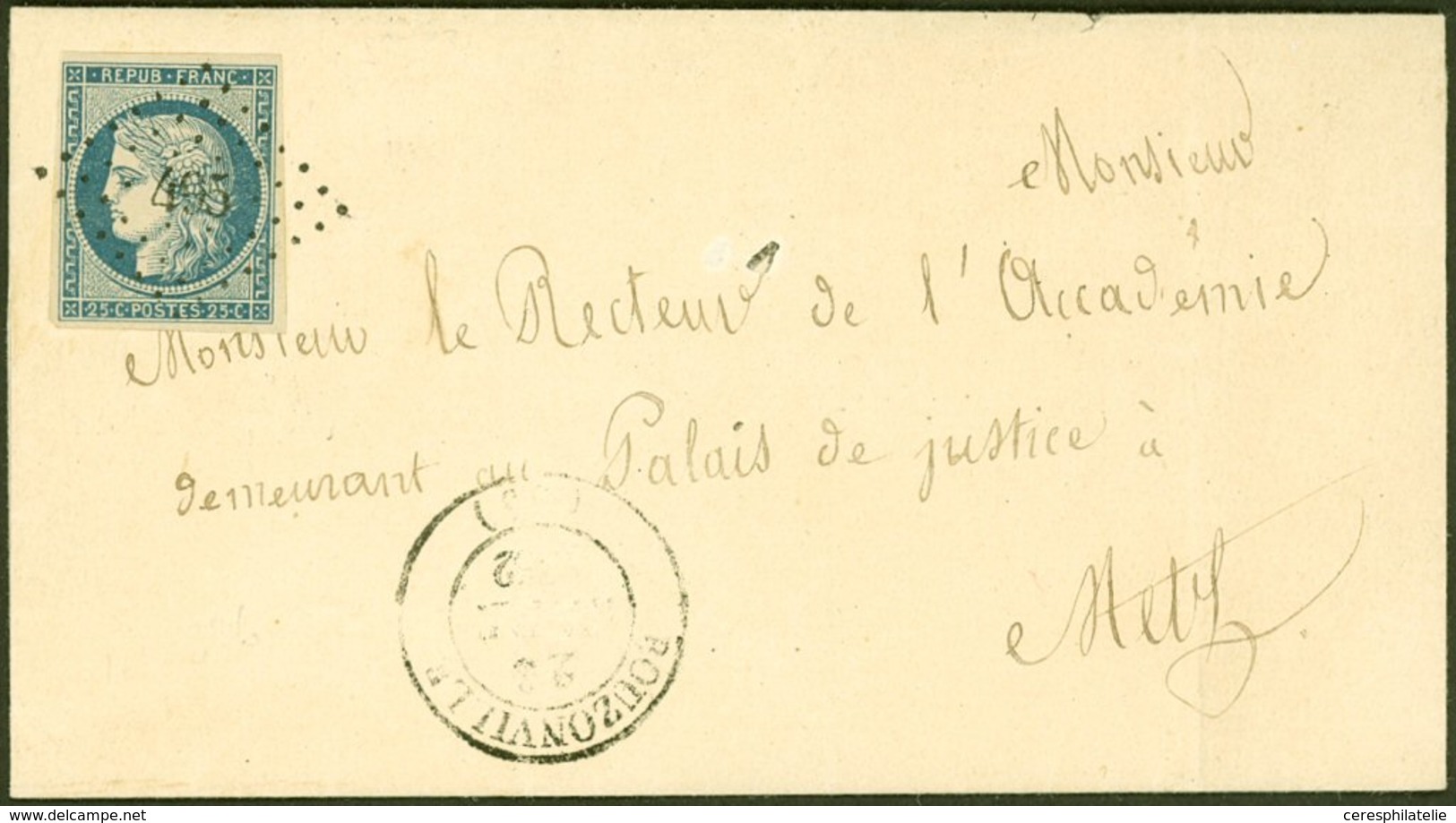 Let OBLITERATIONS PAR DEPARTEMENTS - 55/MOSELLE N°4 25c. Obl. PC 495 S. LSC, Càd T14 BOUZONVILLE 23/(9)/(52), TB - 1849-1876: Classic Period