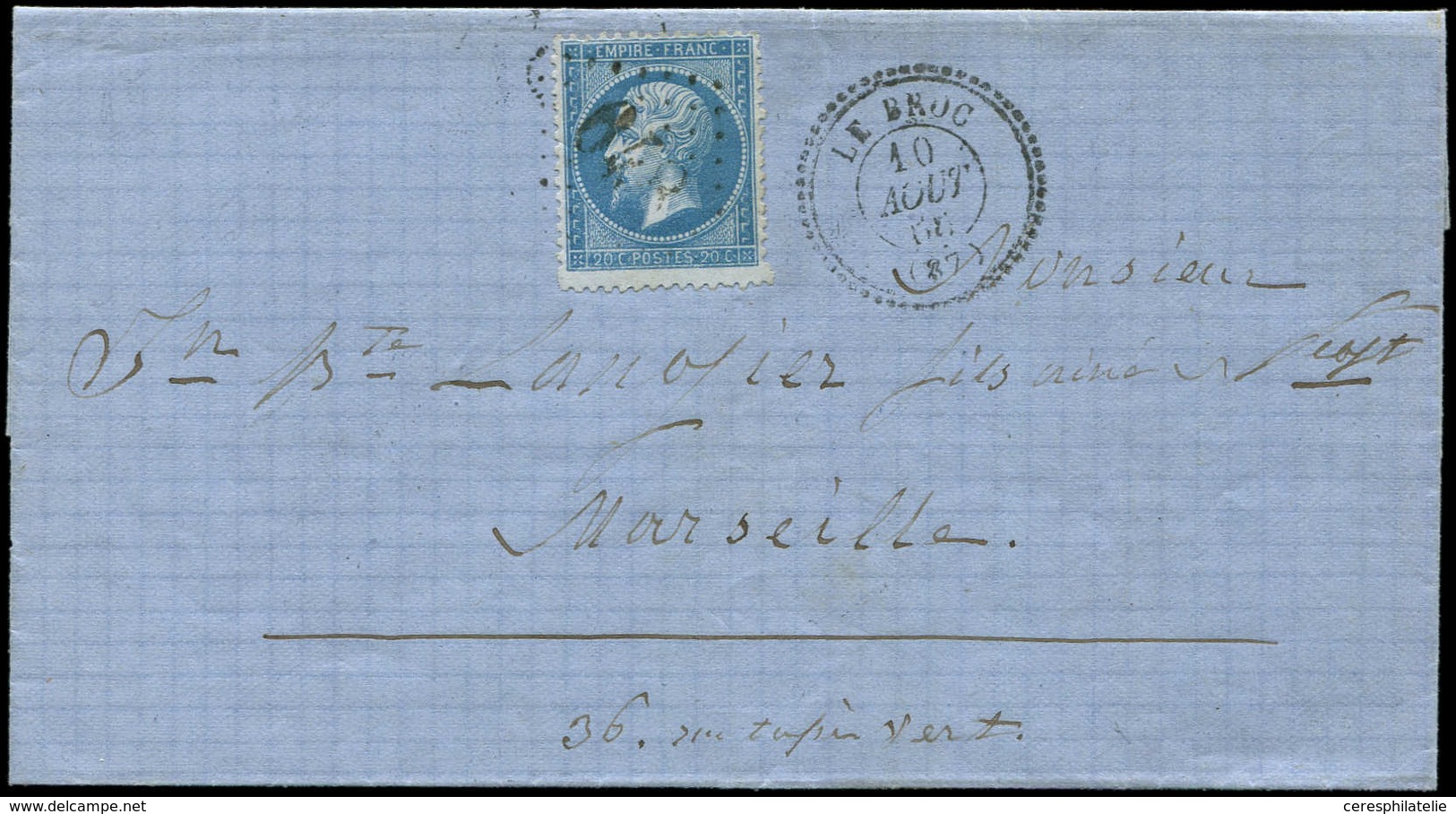 Let COMTE DE NICE - Oblitérations Sur Timbres Français N°22 20c. Bleu Obl. GC 648 Sur LAC, Càd T22 LE BROC 10/8/66, Arr. - 1849-1876: Klassik