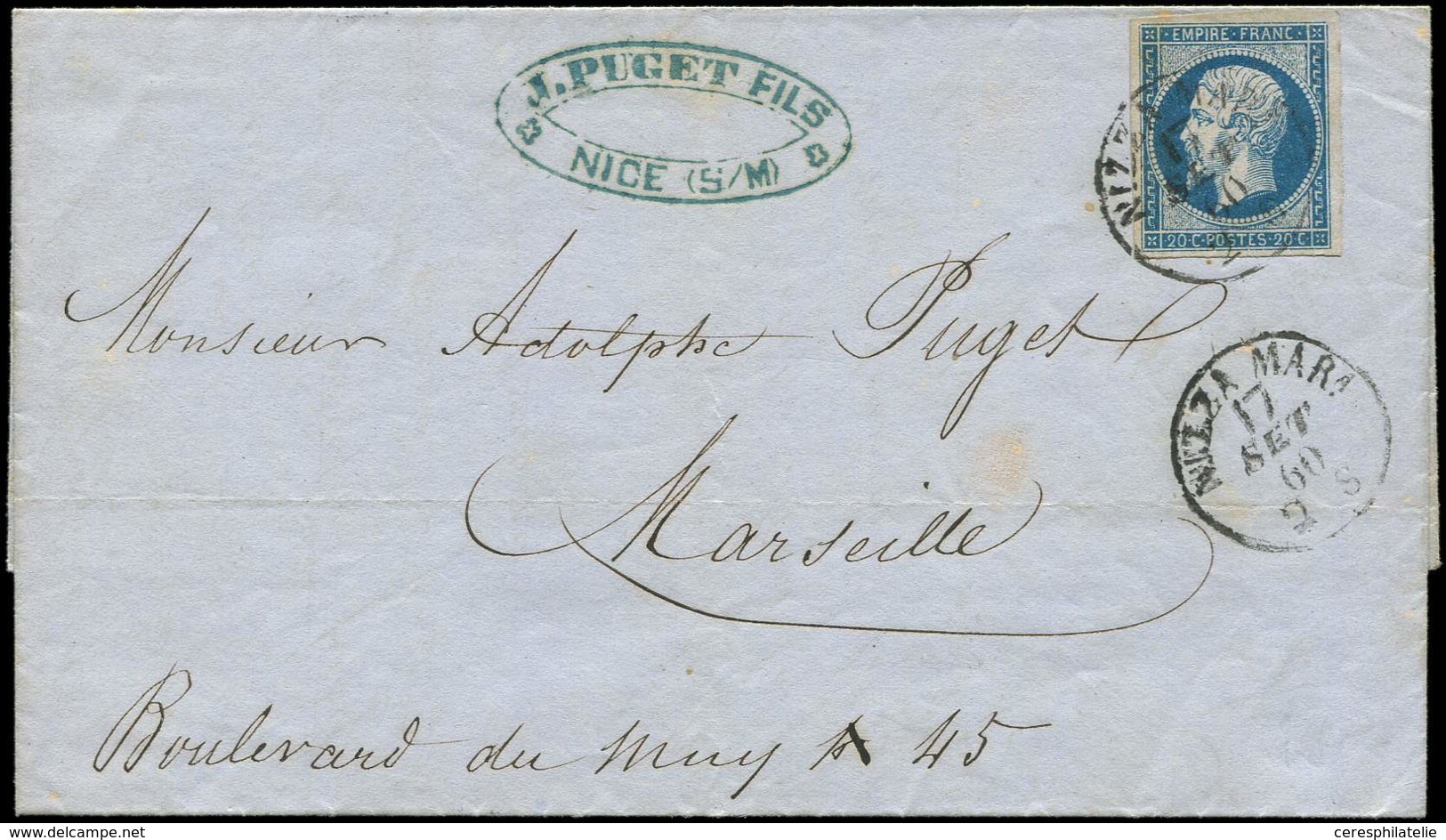 Let COMTE DE NICE - Oblitérations Sur Timbres Français N°14A Obl. Càd Sarde NIZZA MARa 17/9/60 Répété à Côté S. LAC, Arr - 1849-1876: Classic Period