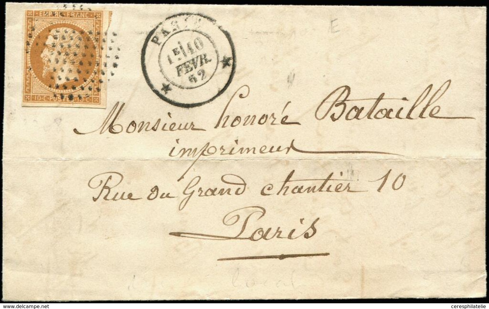 Let LETTRES DE PARIS - N°13B 10c., T II, P.d. En Angle, Obl. CERCLE De POINTS S. LAC Locale, Càd * PARIS * 10/2/62, Frap - 1849-1876: Classic Period