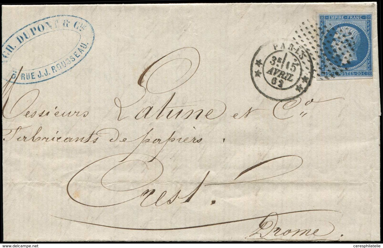 Let LETTRES DE PARIS - N°14A Obl. CERCLE De POINTS S. LAC, Càd ** PARIS ** 15/4/62, TB - 1849-1876: Klassik