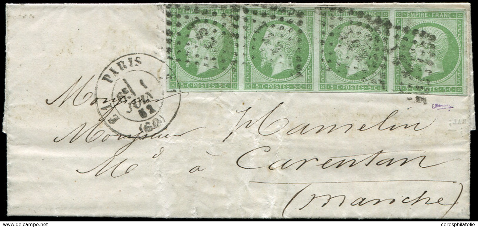 Let LETTRES DE PARIS - N°12 BANDE De 4 Obl. Los. ES1 Romain S. LAC, Càd T1529 PARIS E1 1/6/62, Arr. CARENTAN, TTB - 1849-1876: Classic Period