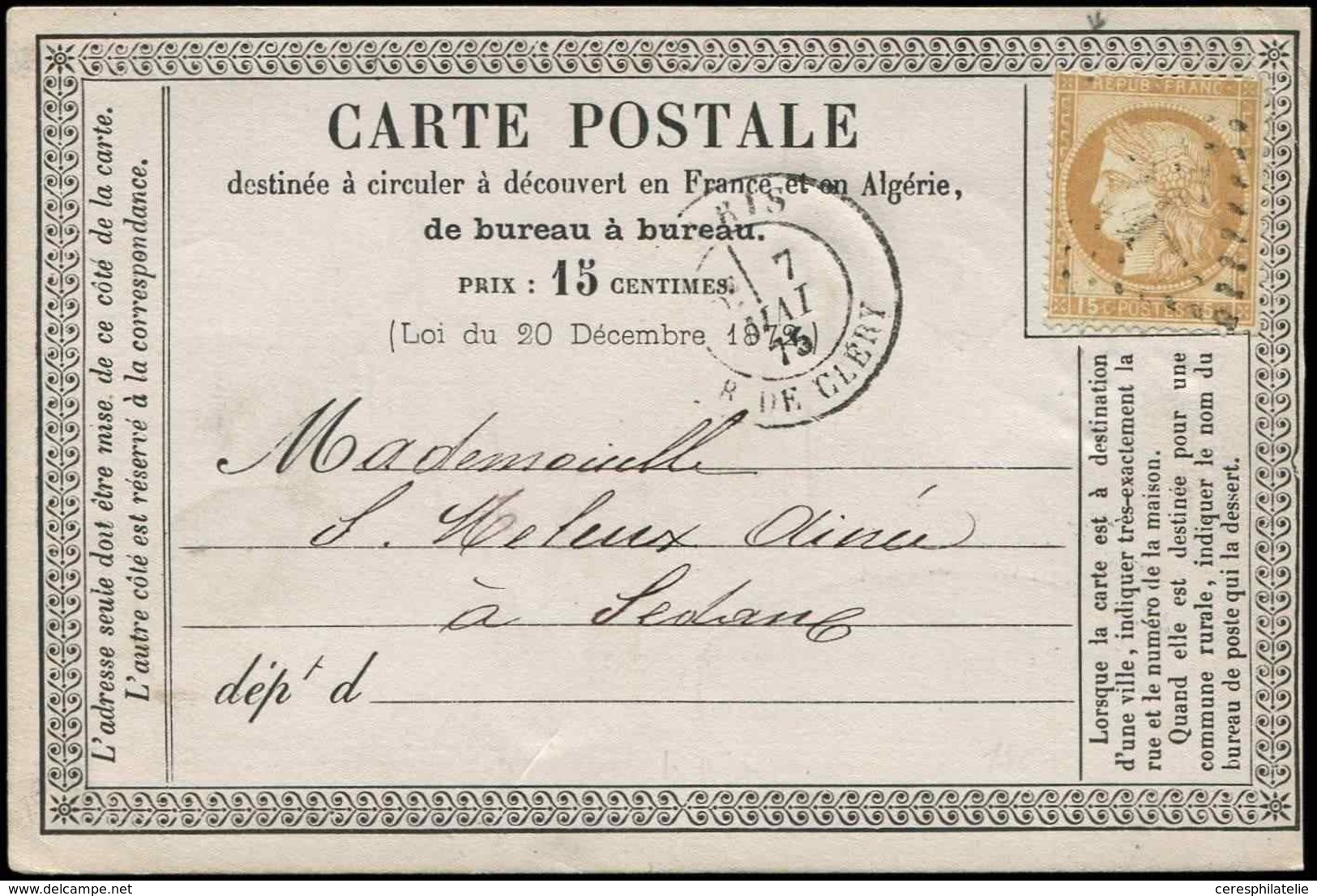 Let LETTRES DE PARIS - N°55 Obl. Los. 24 S. CP, Càd R. De Cléry 7/5/75, TB - 1849-1876: Classic Period