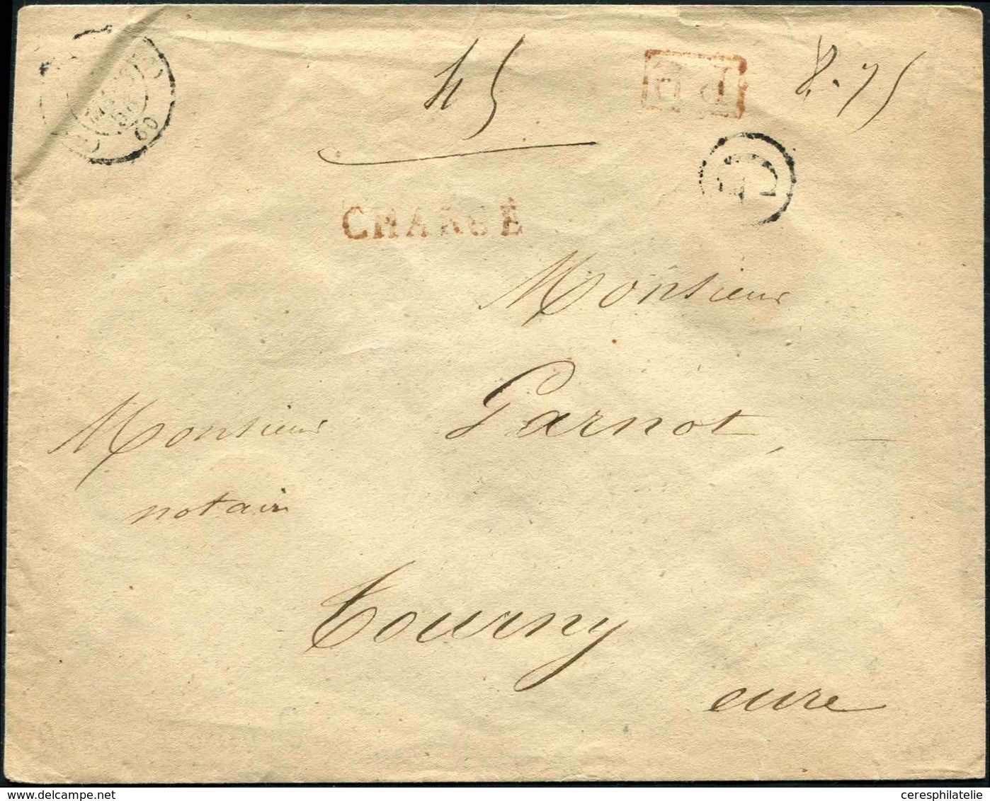 Let LETTRES DE PARIS - Càd (AS) PARIS (AS) 1856 S. Env. CHARGE "8,75g.", P.P Rouge + Lettre G, TB - 1849-1876: Klassik