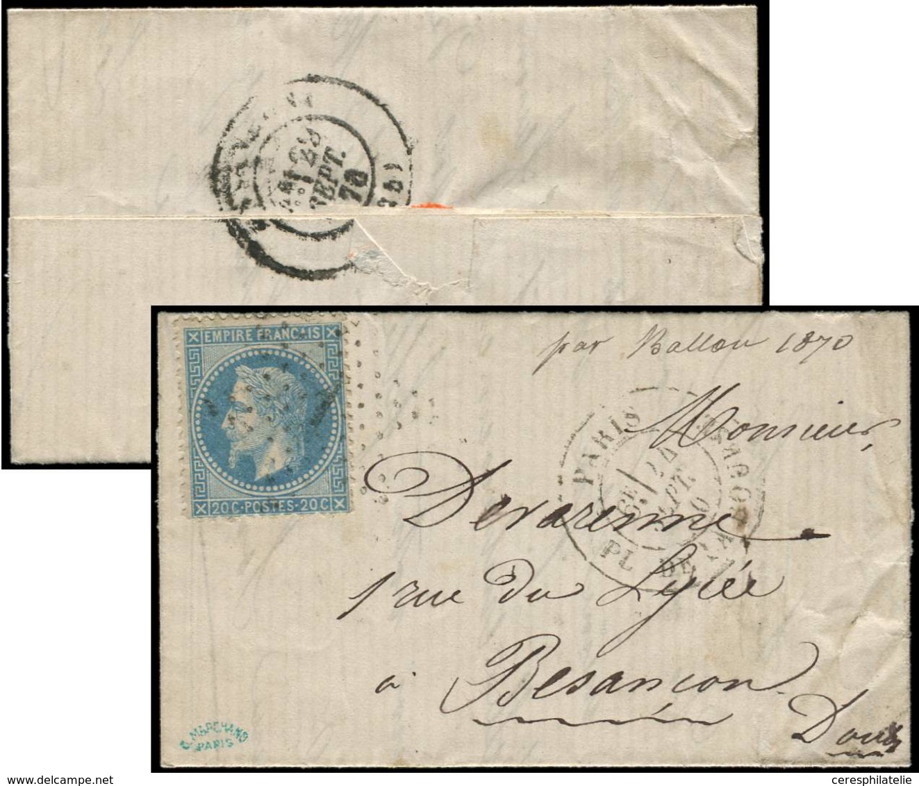 Let BALLONS MONTES - N°29B Obl. Etoile 1 S. LAC, Càd Pl. De La Bourse 24/9/70, Arr. BESANCON 29/9, TTB. LA VILLE De FLOR - War 1870