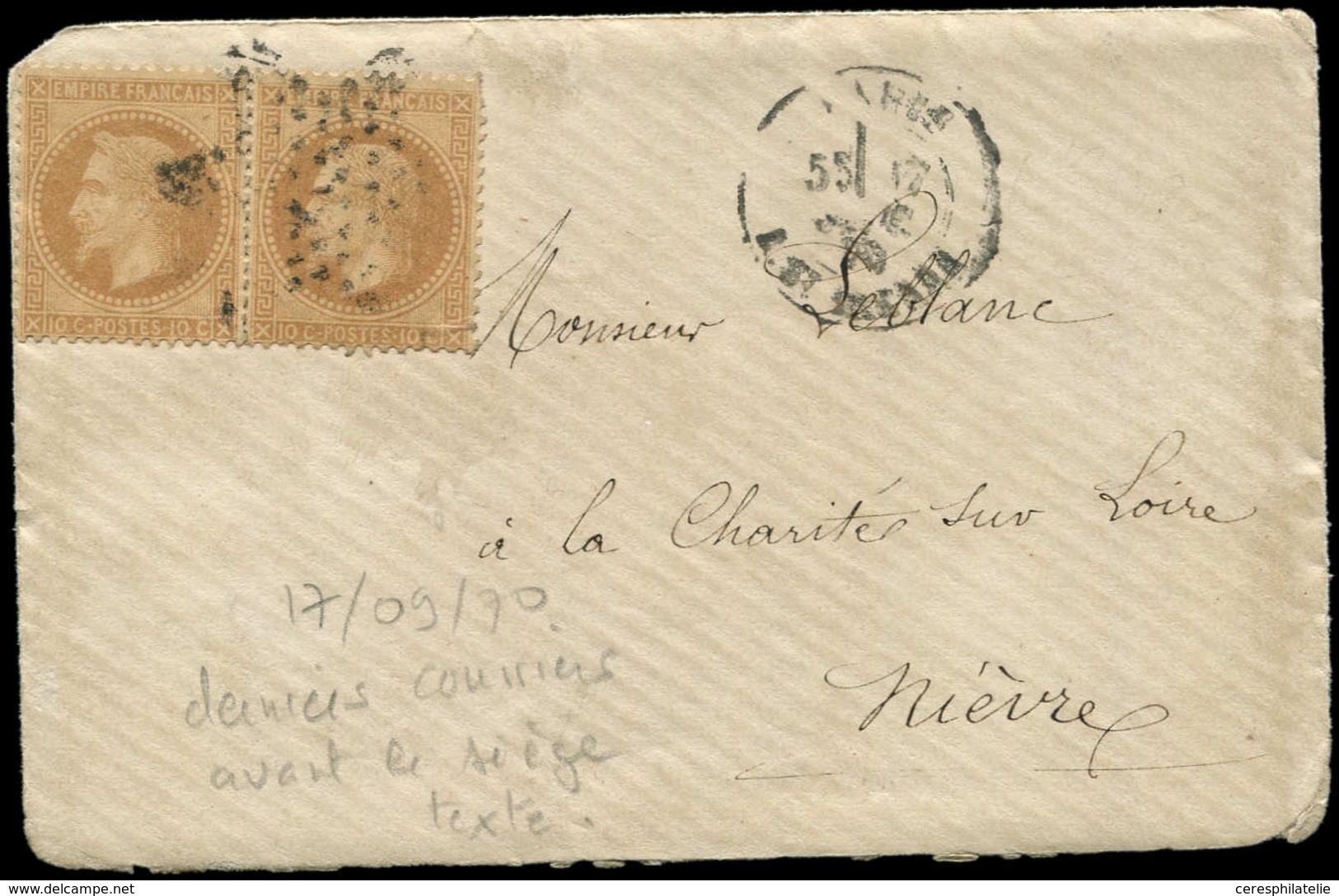 Let Guerre De 1870 -  N°28B (2) Obl. Etoile 2 Sur LAC, Càd PARIS 17/9/70, Arr. LA CHARITE Sur LOIRE Le 20/9, Dernier Jou - Krieg 1870