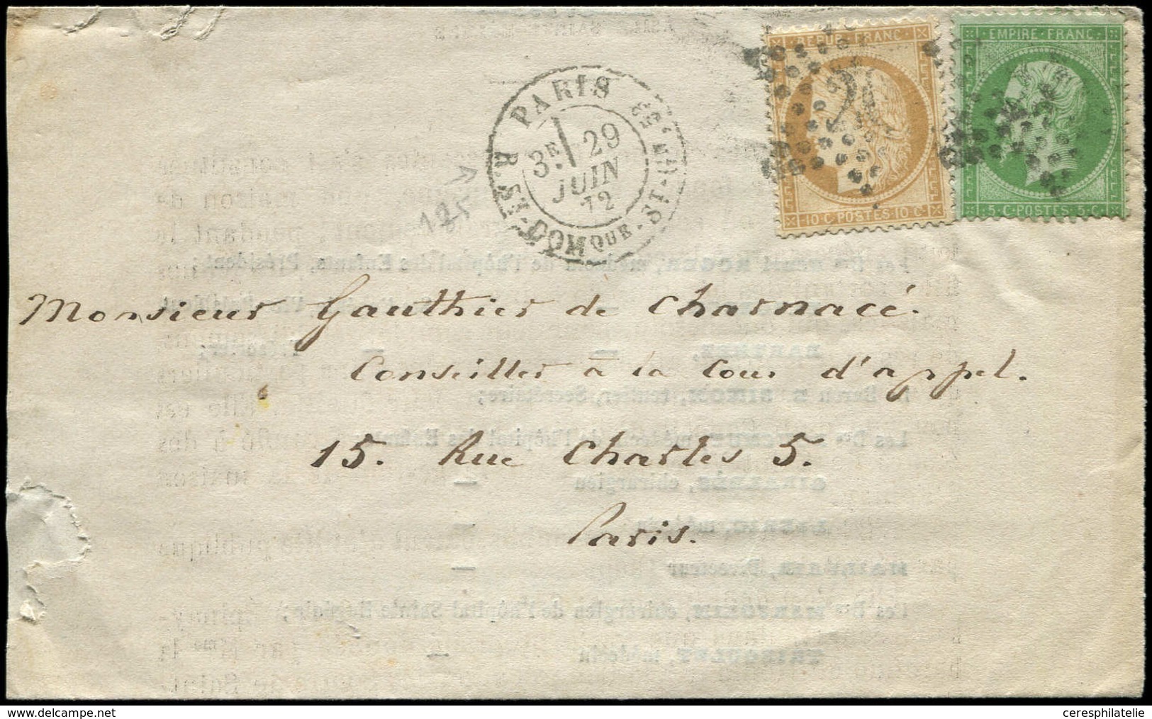 Let AFFRANCHISSEMENTS ET COMBINAISONS - N°20 Et 36 Obl. Etoile 20 S. Imprimé, Càd R. St Domque St Gn 53 29/6/72, TB - 1849-1876: Periodo Clásico