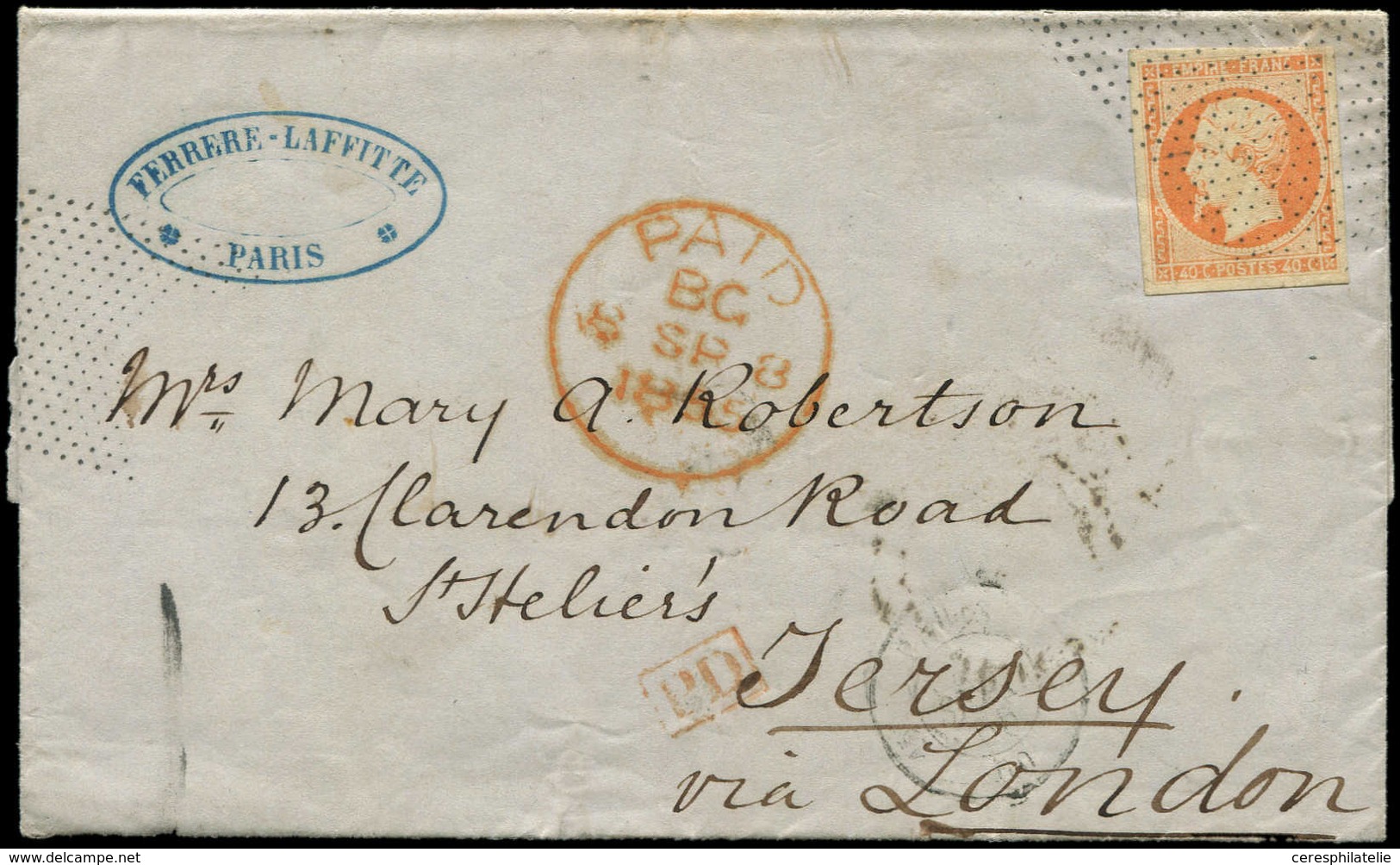 Let DESTINATIONS - N°16 Obl. POINTILLES FINS S. LAC De Paris à JERSEY 11/9/55, TTB - 1849-1876: Classic Period