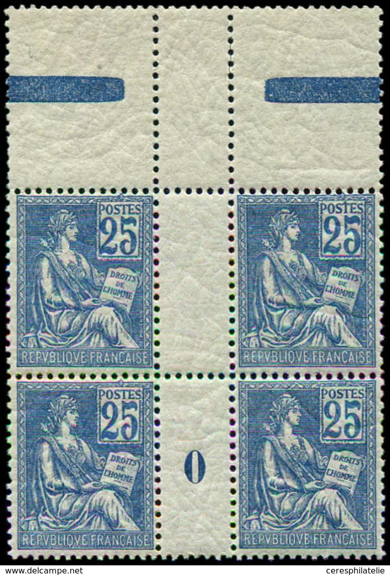 ** EMISSIONS DU XXème SIECLE - 114   Mouchon, 25c. Bleu, BLOC De 4 Mill.0, Bdf Inter-galvano, Très Bien Centré, Frais Et - Unused Stamps