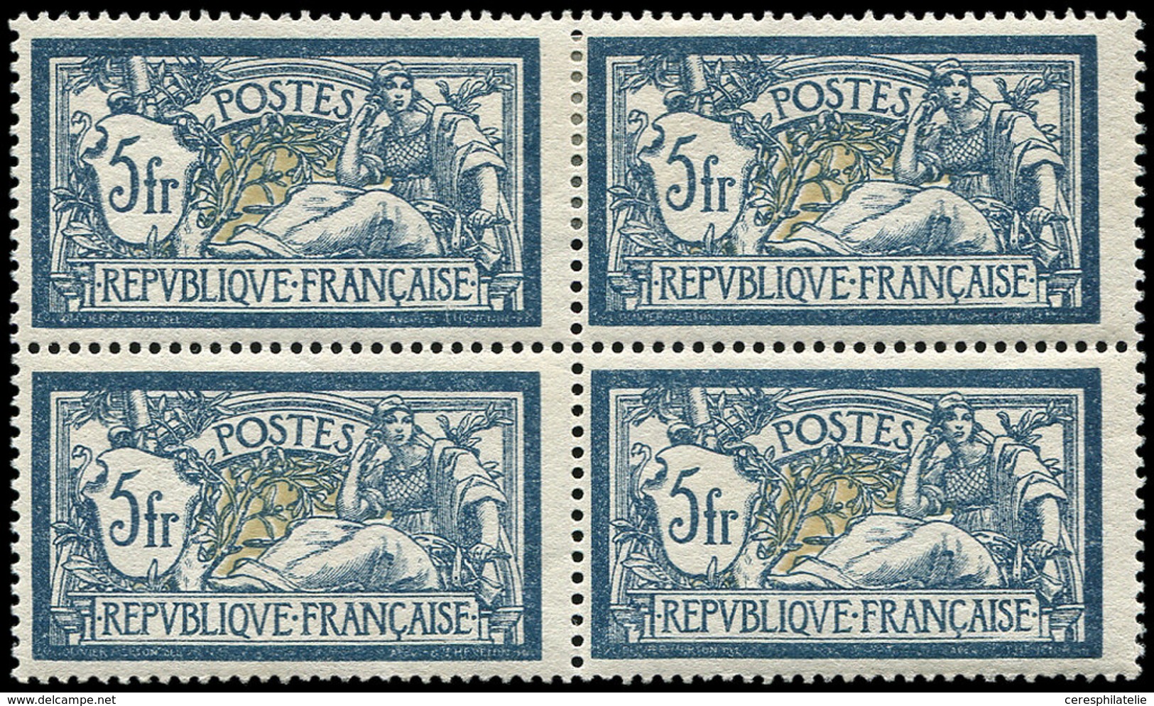 ** EMISSIONS DU XXème SIECLE - 123   Merson,  5f. Bleu Et Chamois, BLOC De 4, Ch. Sur Paire Sup., TB - Unused Stamps