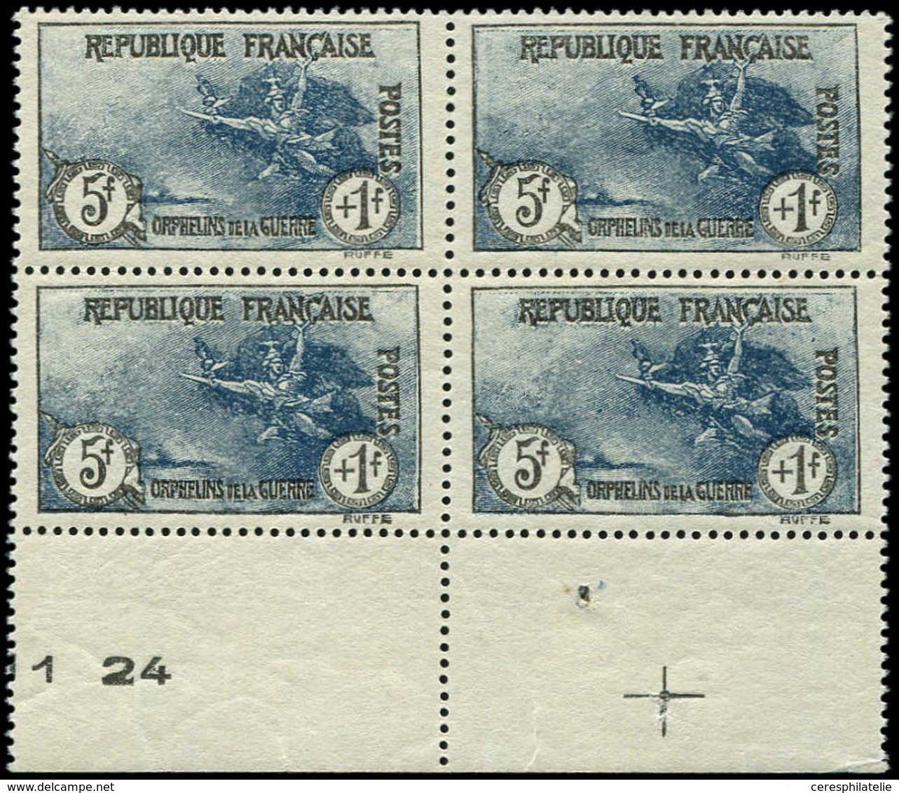 ** EMISSIONS DU XXème SIECLE - 232   3ème Série Orphelins,  5f. + 1f. Noir Et Bleu, BLOC De 4 Bdf Avec Croix De Repère,  - Unused Stamps