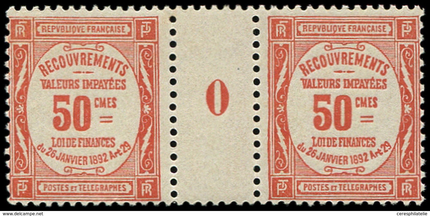 ** TAXE - 47  50c. Rouge, PAIRE Mill.0, Ch. S. Interp., TB - 1859-1959 Used