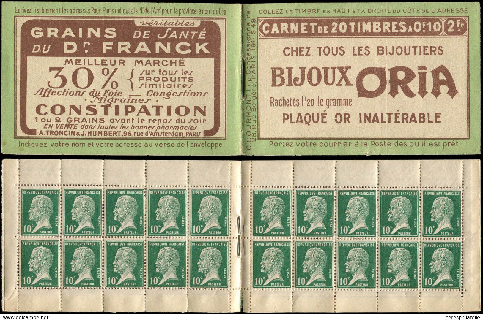 CARNETS (N° Yvert) - 170-C1    Pasteur, 10c. Vert, N°170, S. 39, ORIA-Dr FRANCK, TB - Other & Unclassified