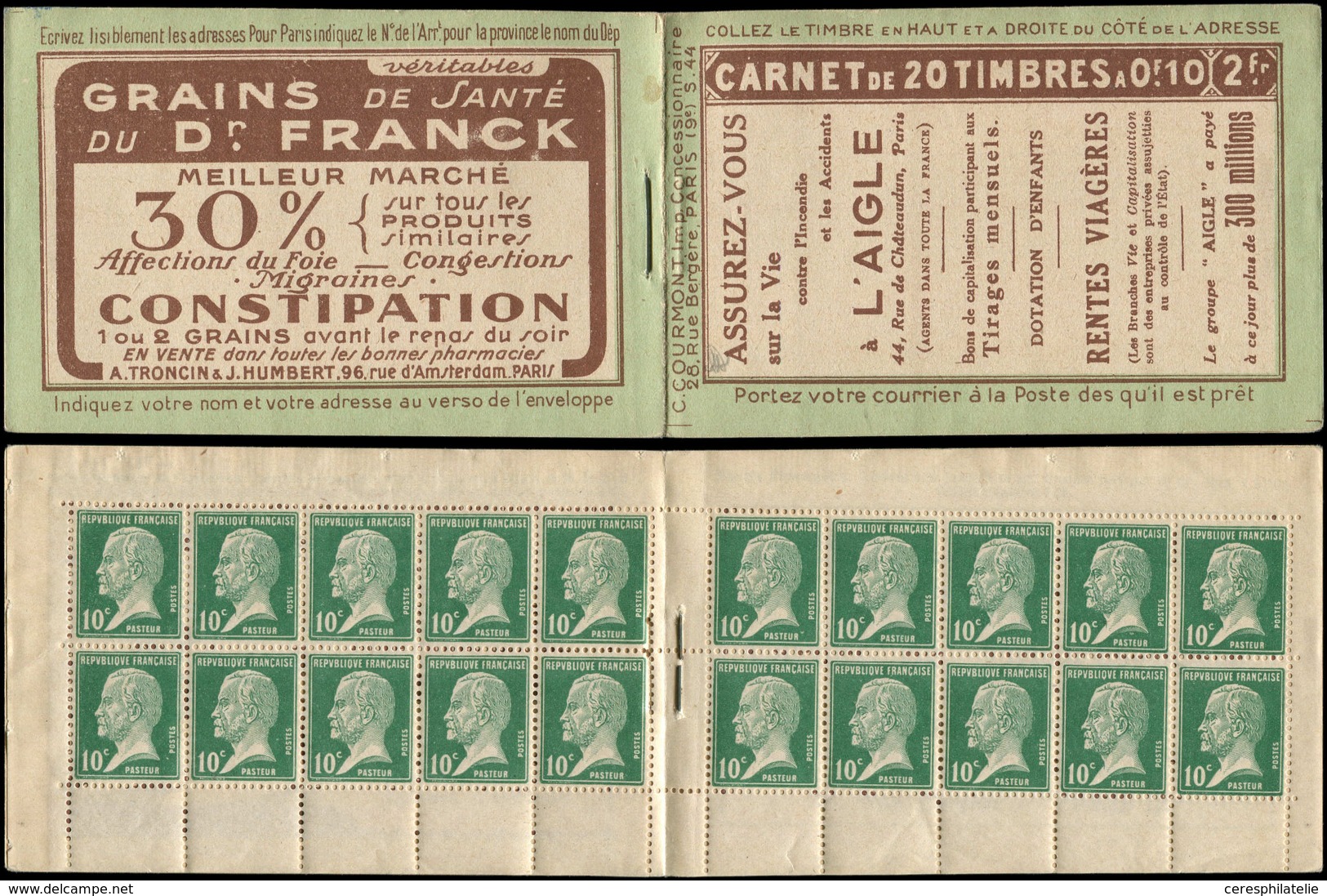 CARNETS (N° Yvert) - 170-C1    Pasteur, 10c. Vert, N°170, S. 44, L'AIGLE-Dr FRANCK, TB - Other & Unclassified