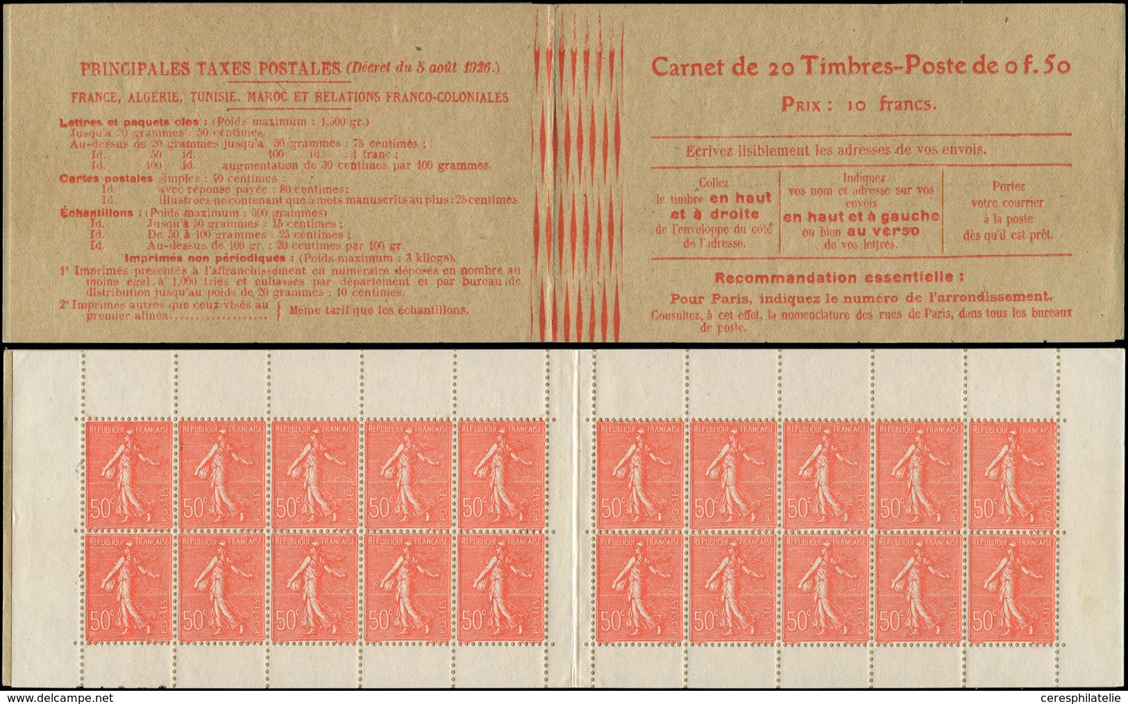 CARNETS (N° Yvert) - 199-C48   Semeuse Lignée, 50c. Rouge, N°199h, T IV, Couverture Postale, TB - Other & Unclassified