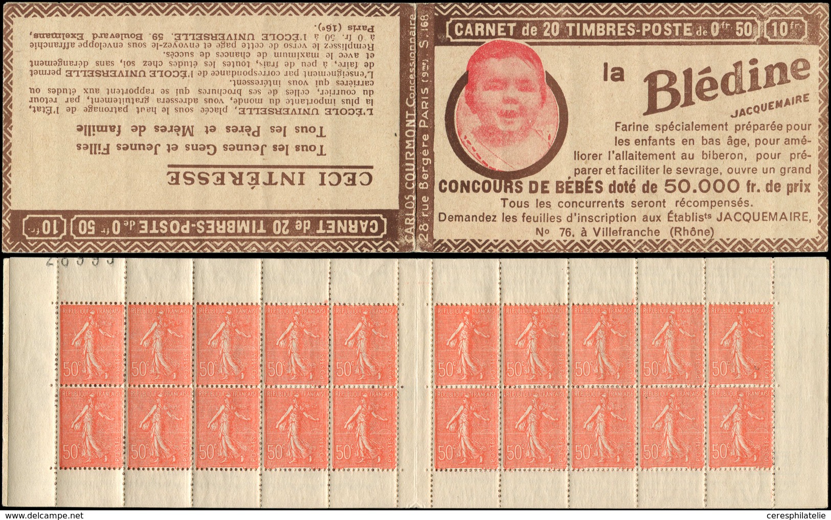 CARNETS (N° Yvert) - 199-C49   Semeuse Lignée, 50c. Rouge, N°199h, T IV, S. 168, BLEDINE, N° Tronqué En Haut, TB - Autres & Non Classés