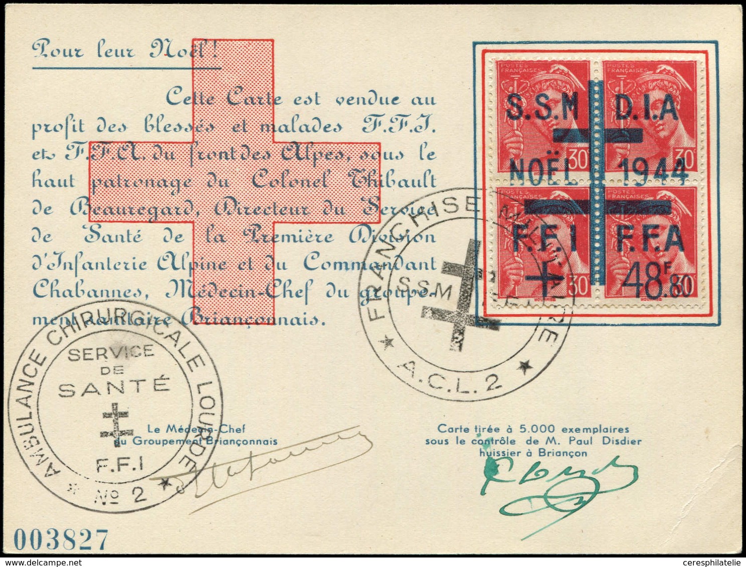 Let TIMBRES DE LIBERATION - BRIANCON 10 : 30c. Rouge, BLOC De 4 Obl. S. Carte Noël 1944, TB - Liberation