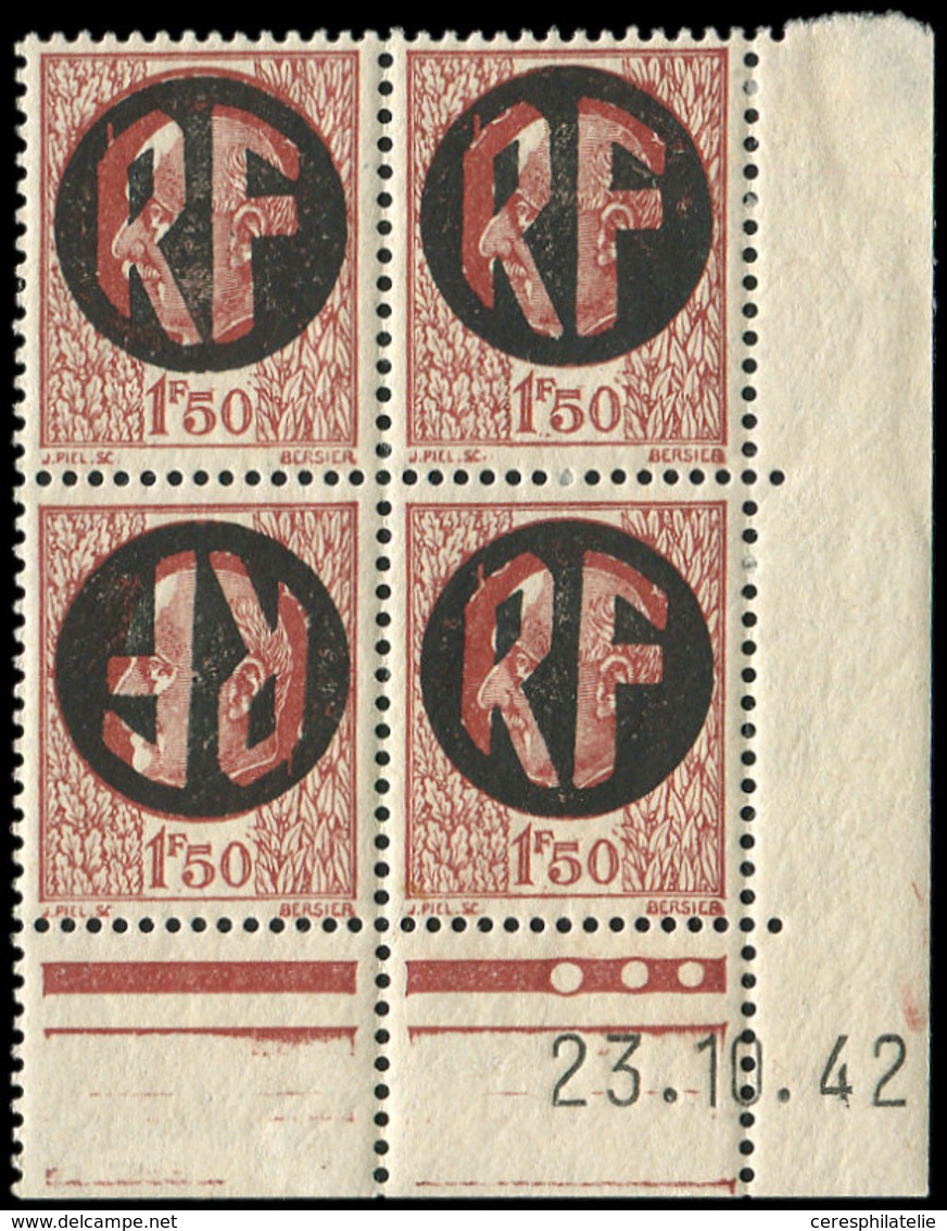 ** TIMBRES DE LIBERATION - CHOLET 16 : 1f50 Brun Rouge, BLOC De 4 CD 23/10/42, Surcharge RENVERSEE Sur Un Timbre, TB - Liberation