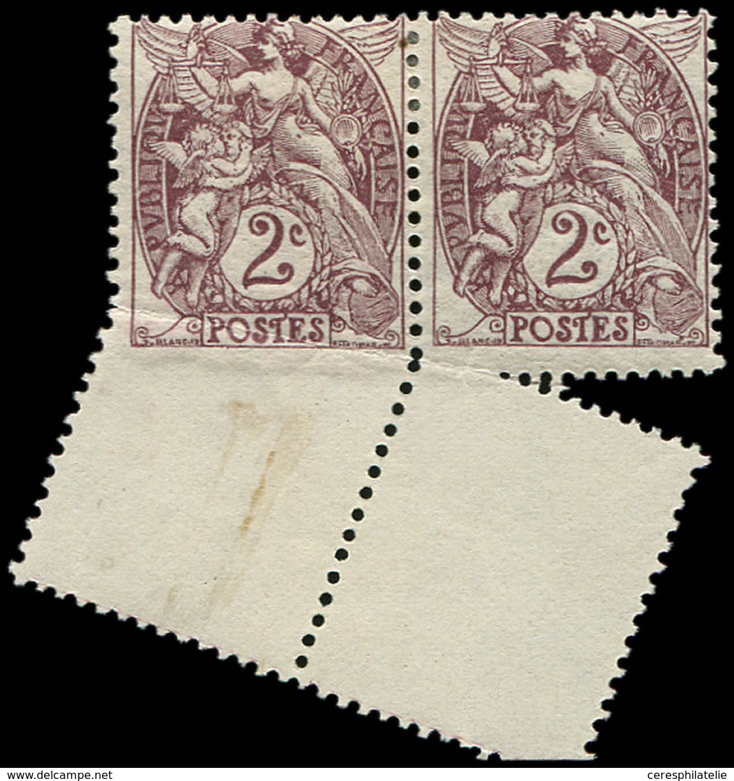 * VARIETES - 108   Blanc,  2c. Brun-lilas, PAIRE Avec Joli PIQUAGE DECALE, TB - Unused Stamps