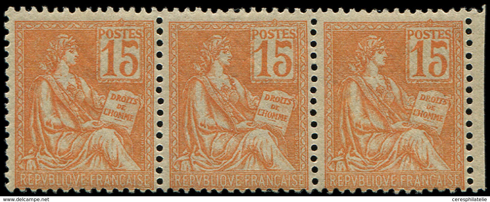 * VARIETES - 117a  Mouchon, 15c. Orange, 1 Touchant Le Cadre Dans Une Bande De 3, TB - Unused Stamps